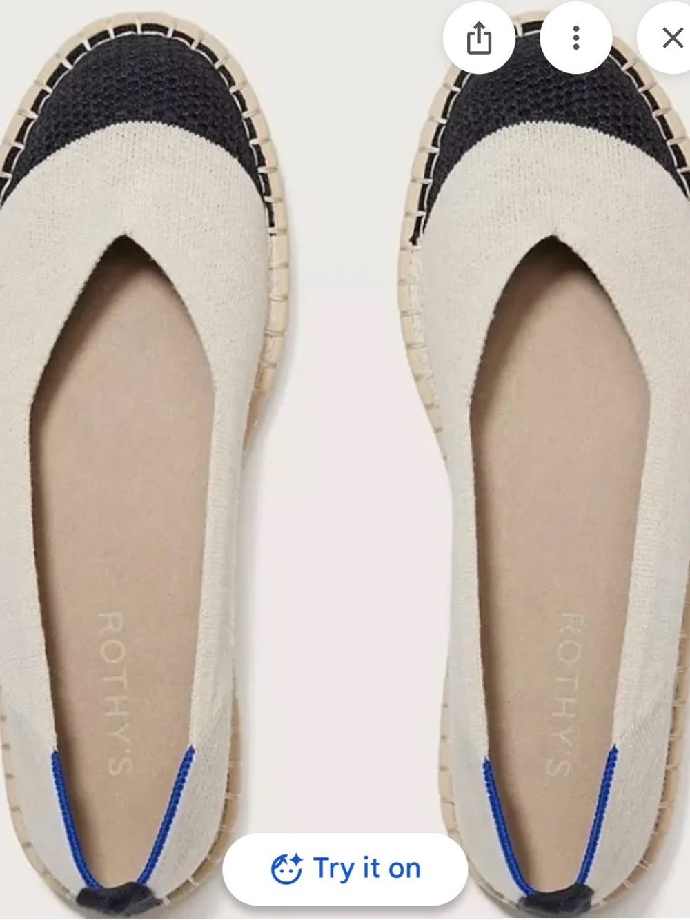 Rothy's Two-Tone Cream and Black Knit Ballet Flat with Blue Heel Detail
